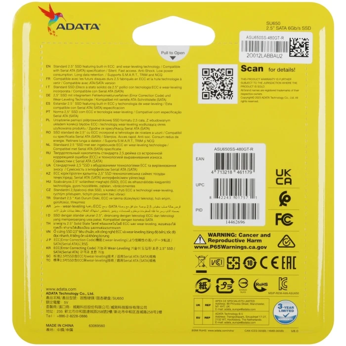 SSD накопитель ADATA SU650 480Gb 2.5" SATA, ASU650SS-480GT-R