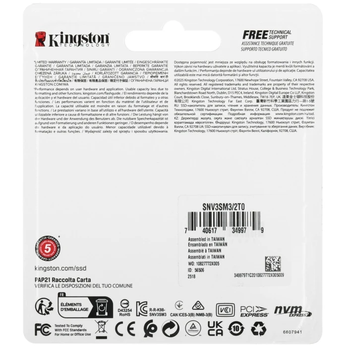 SSD накопитель Kingston NV3 2Tb M.2 NVMe, SNV3SM3/2T0