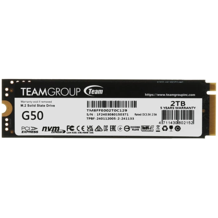 SSD накопитель TEAMGROUP T-FORCE G50 2Tb M.2 NVMe, TM8FFE002T0C129