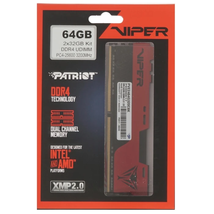 Оперативная память Patriot Viper Elite II 64Gb 3200Mhz, KIT 2*32Gb, PVE2464G320C8K