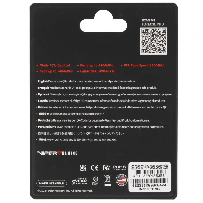 SSD накопитель Patriot Viper VP4300 Lite 500Gb M.2 NVMe, VP4300L500GM28H