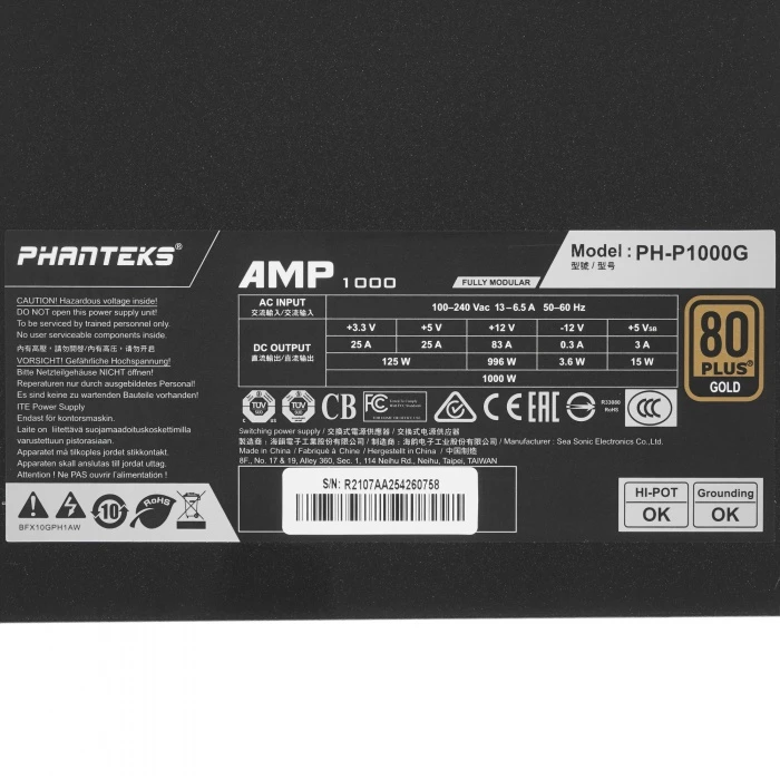 Блок питания Phanteks AMP 1000W черный, PH-P1000G