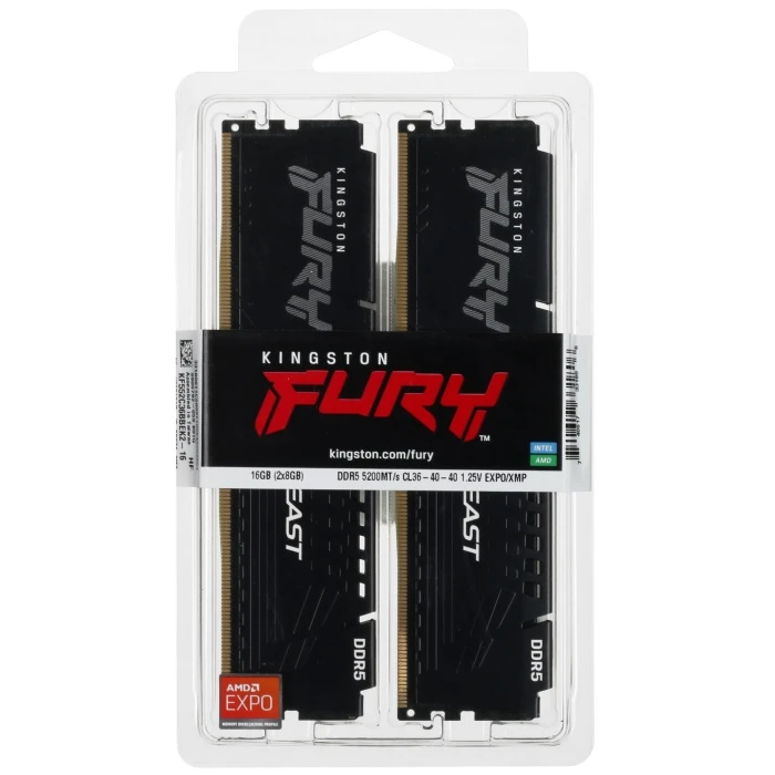 Оперативная память Kingston Fury Beast Black AMD 16Gb 5200Mhz, KIT 2*8Gb, KF552C36BBEK2-16