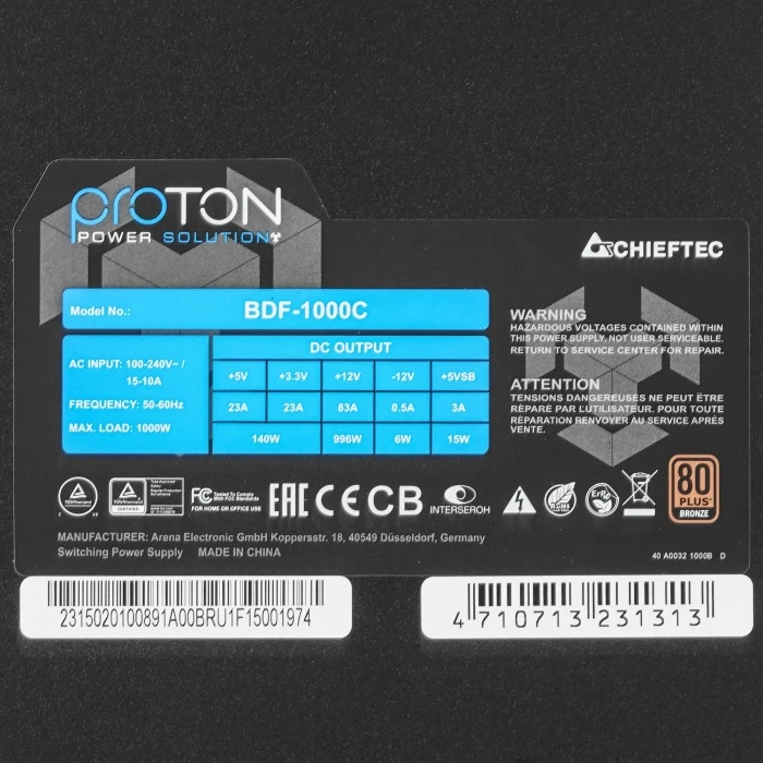 Блок питания Chieftec Proton 1000W черный, BDF-1000C