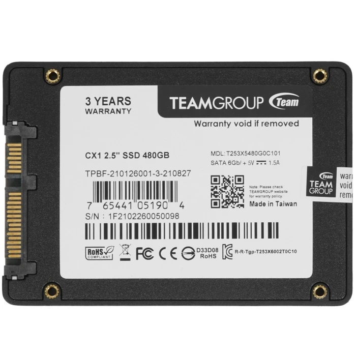 SSD накопитель TEAMGROUP CX1 480Gb 2.5" SATA, T253X5480G0C101