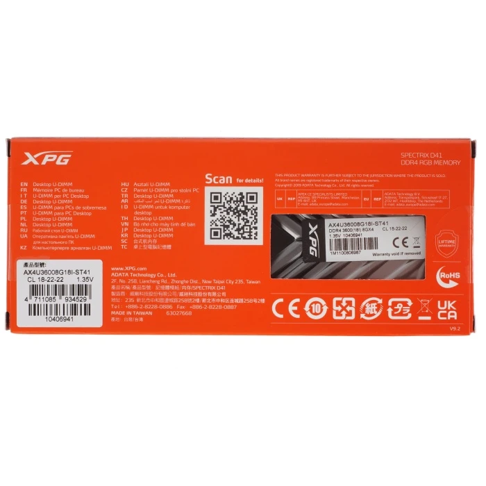 Оперативная память ADATA XPG SPECTRIX D41 RGB 8Gb 3600Mhz, AX4U36008G18I-ST41