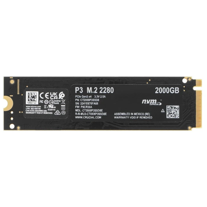 SSD накопитель Crucial P3 2Tb M.2 NVMe, CT2000P3SSD8