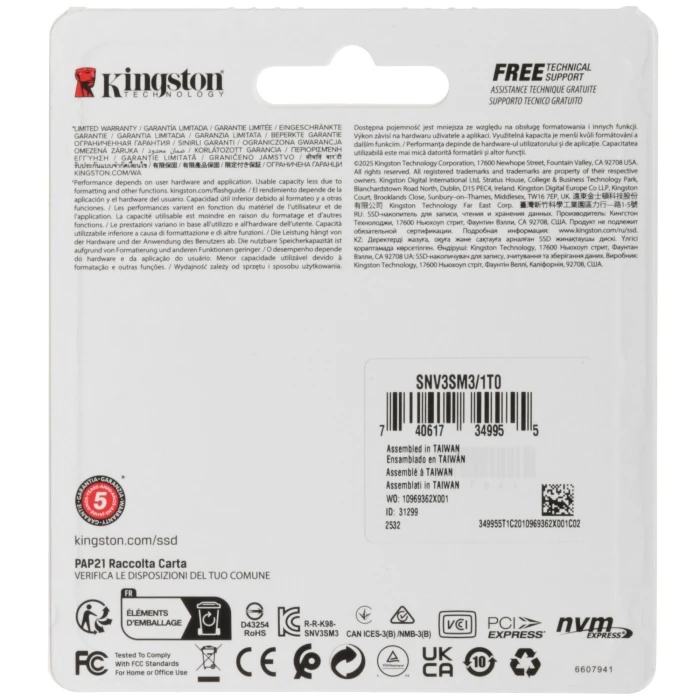 SSD накопитель Kingston NV3 1Tb M.2 NVMe, SNV3SM3/1T0