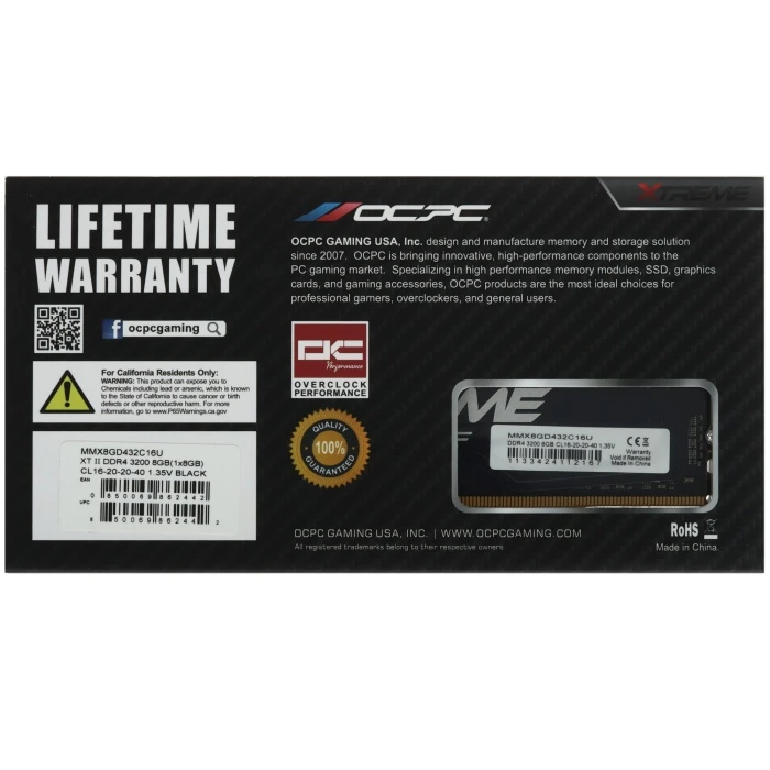 Оперативная память OCPC XT II BLACK 8Gb 3200Mhz, MMX8GD432C16U