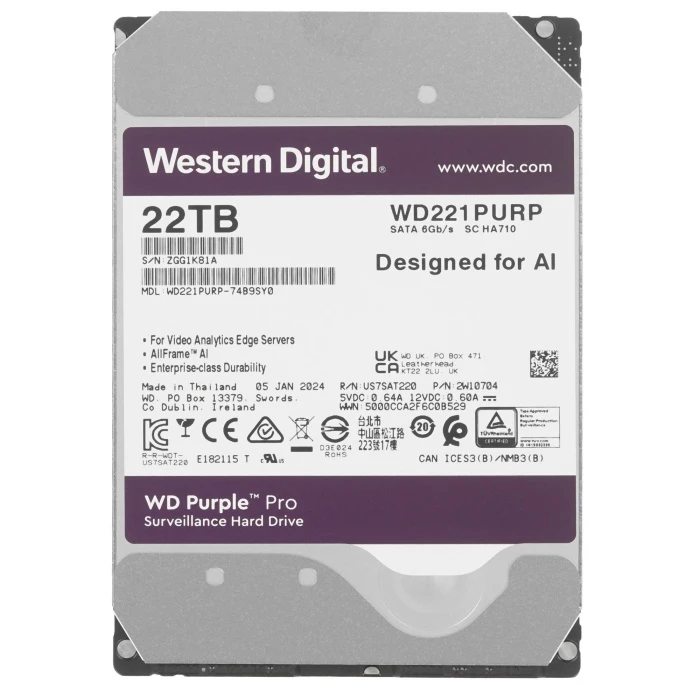 HDD диск WD Purple Pro 22Tb 3.5", WD221PURP