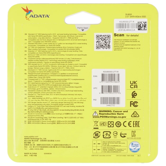 SSD накопитель ADATA Ultimate SU650 2Tb 2.5" SATA, ASU650SS-2TT-R