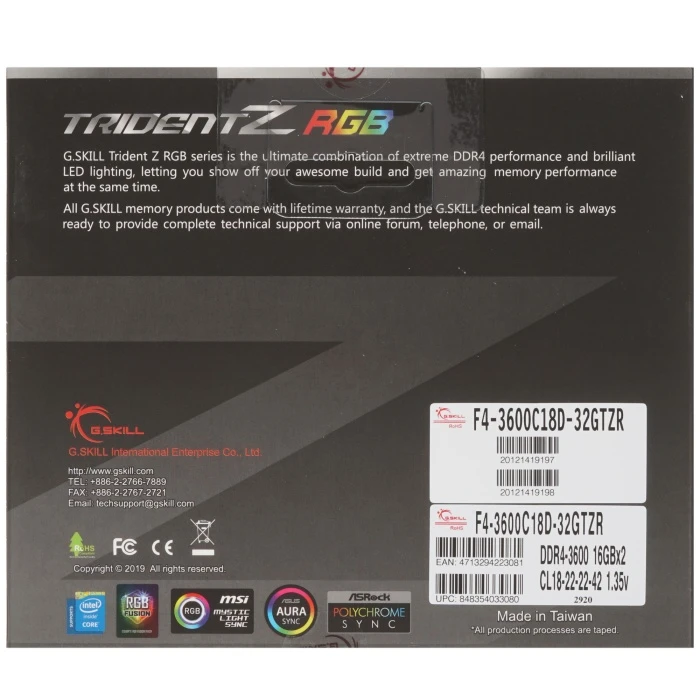 Оперативная память G.Skill Trident Z RGB 32Gb 3600Mhz, KIT 2*16Gb, F4-3600C18D-32GTZR