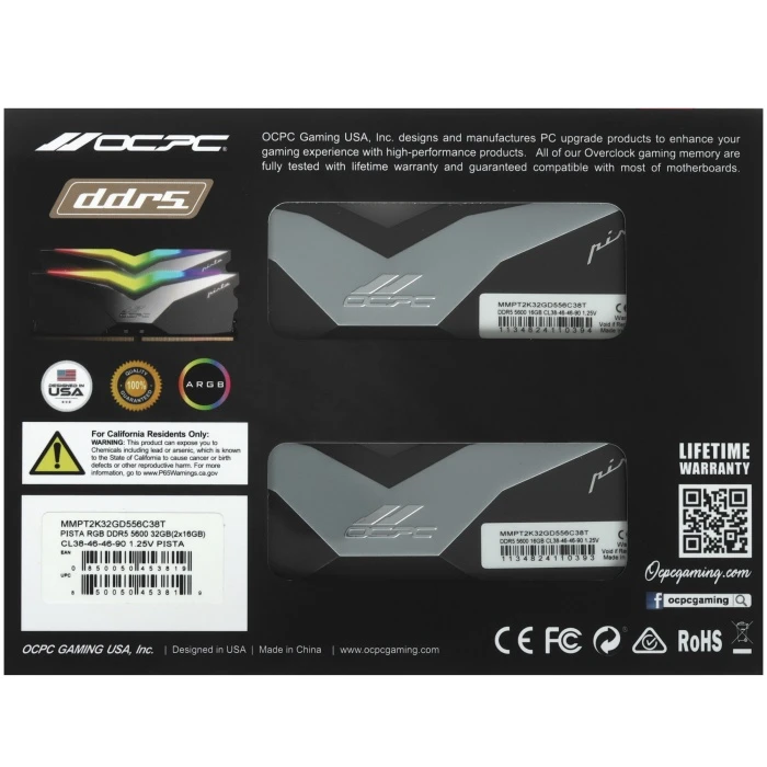 Оперативная память OCPC PISTA RGB 32Gb 5600Mhz, KIT 2*16Gb, MMPT2K32GD556C38T