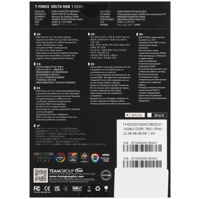 Оперативная память Team Group T-Force Delta RGB 32Gb 7800Mhz, KIT 2*16Gb, FF4D532G7800HC38DDC01