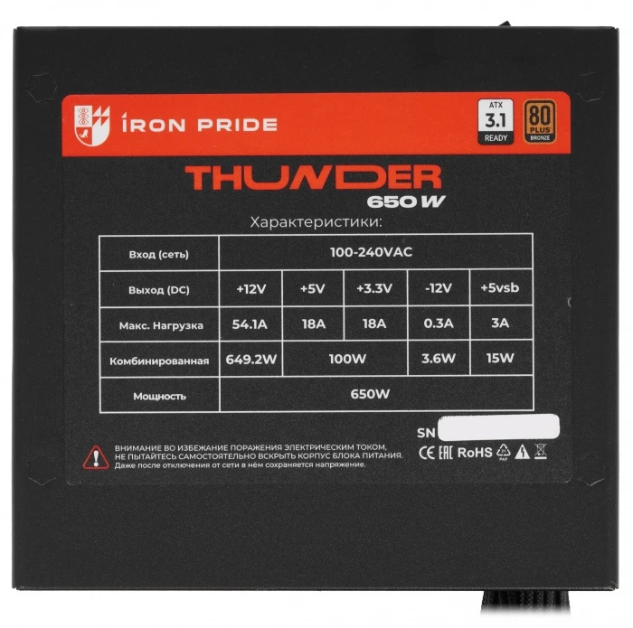 Блок питания Iron Pride Thunder 650W черный, УФ-20250019