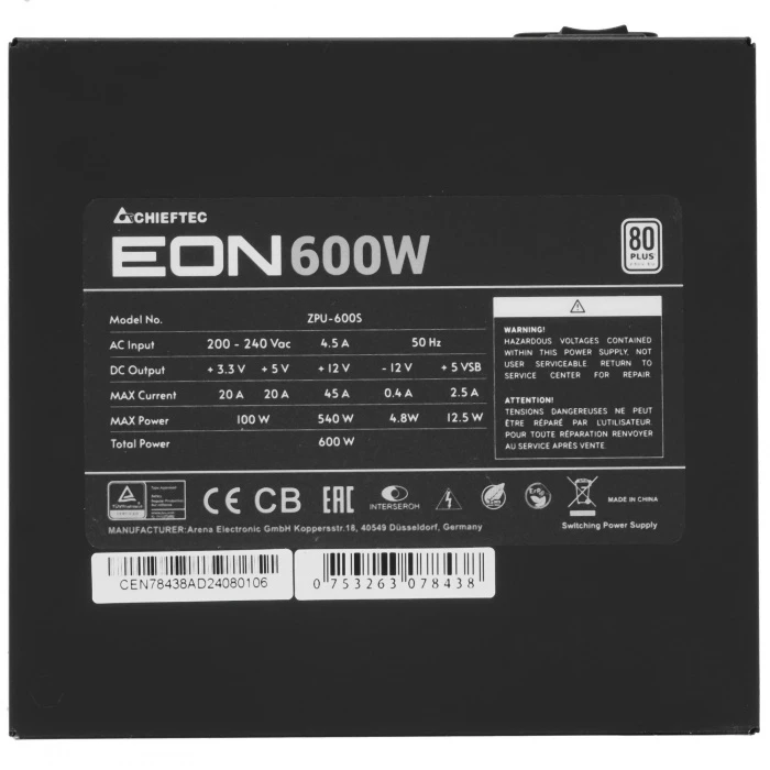 Блок питания Chieftec EON 600W черный, ZPU-600S