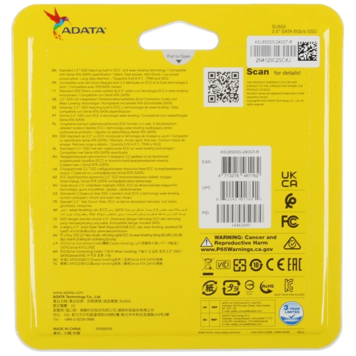 SSD накопитель ADATA SU650 240Gb 2.5" SATA, ASU650SS-240GT-R
