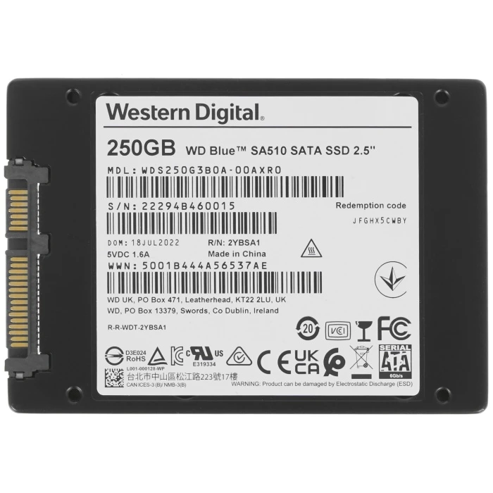 SSD накопитель WD Blue SA510 250Gb 2.5" SATA, WDS250G3B0A