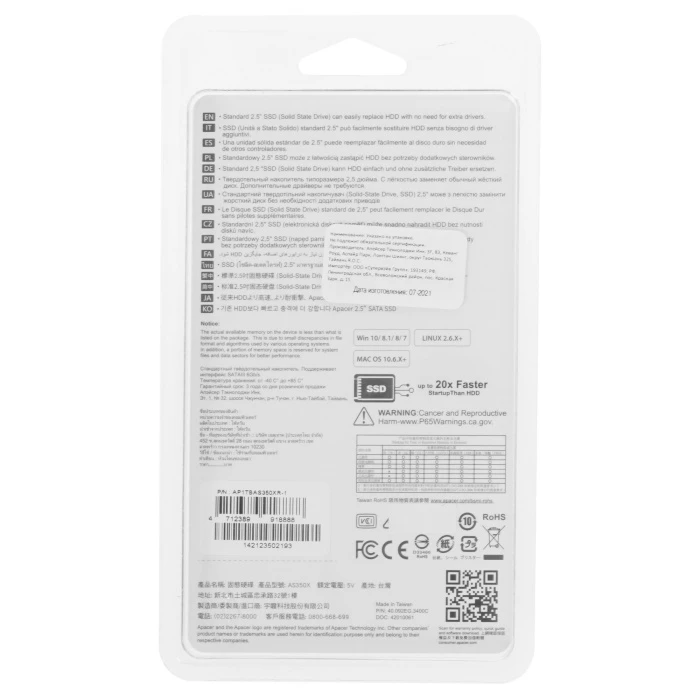 SSD накопитель Apacer AS350X 1Tb 2.5" SATA, AP1TBAS350XR-1
