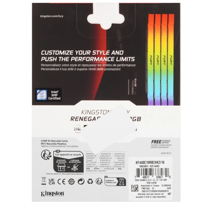 Оперативная память Kingston FURY Renegade RGB 16Gb 4000Mhz, KIT 2*8Gb, KF440C19RB2AK2/16