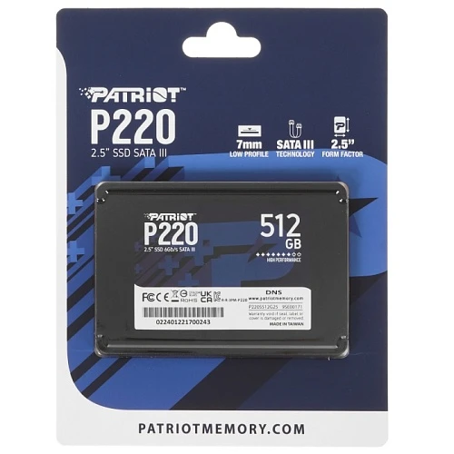 SSD накопитель Patriot Memory P220 512Gb 2.5" SATA, P220S512G25